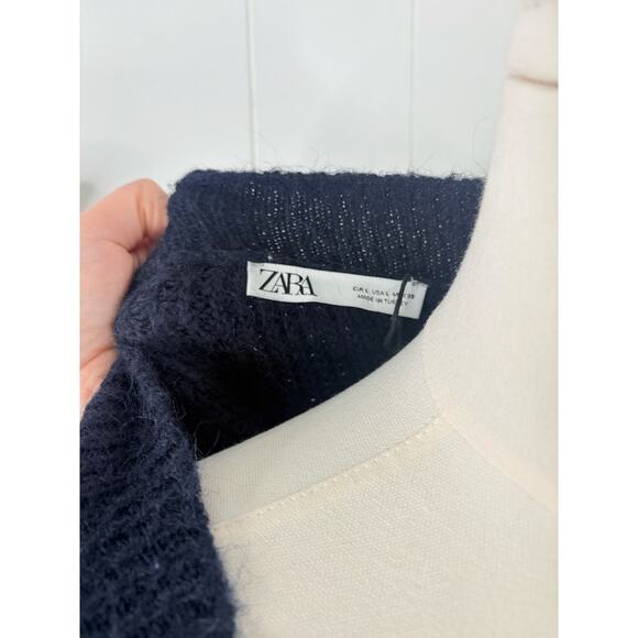 Zara Stretch Wool Blend V Neck Sweater Size Large Navy Blue Oversized Slouchy - Picture 9 of 9